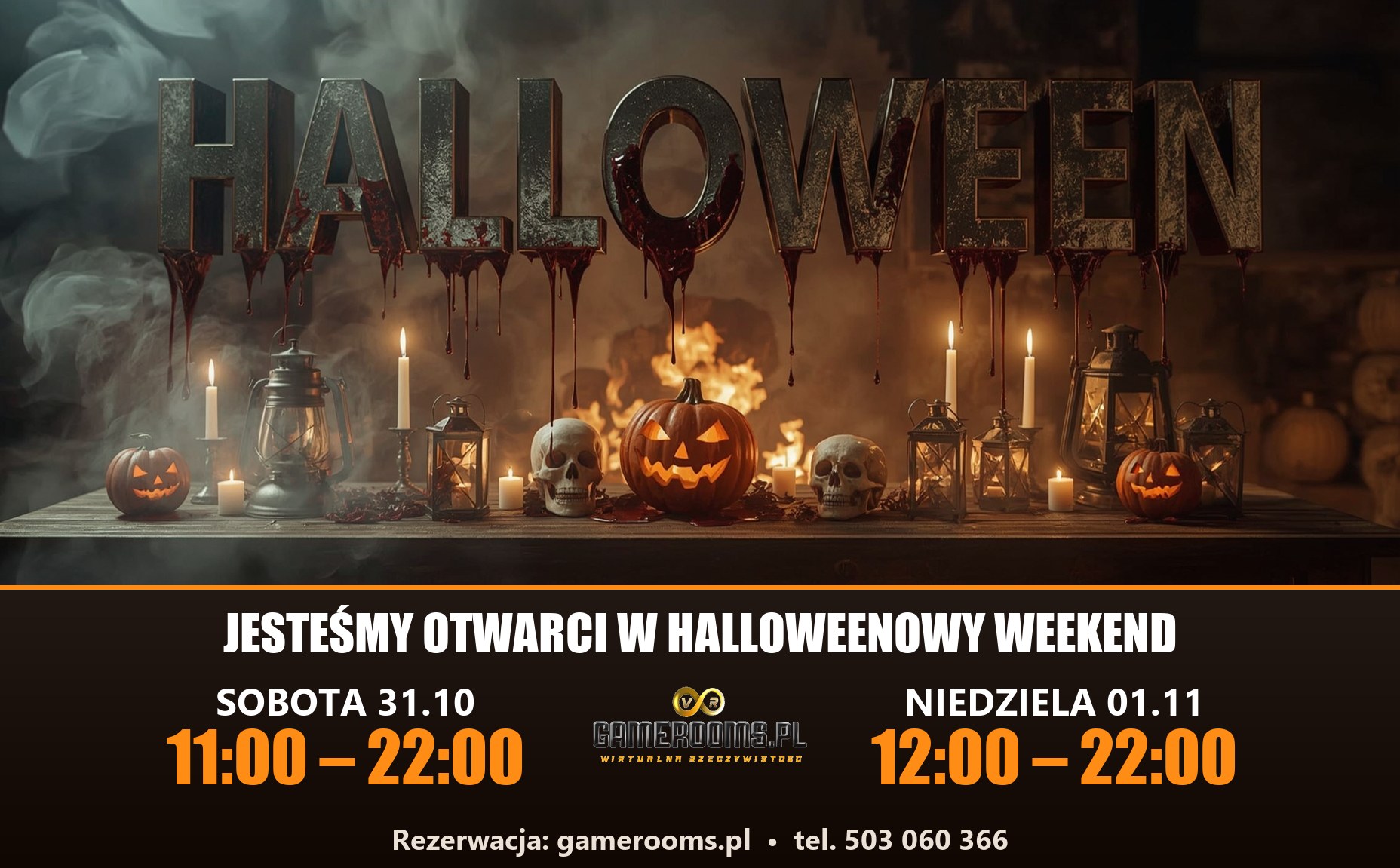 Halloween w Gamerooms.pl – godziny otwarcia: sobota 31.10 11:00–22:00, niedziela 01.11 12:00–22:00